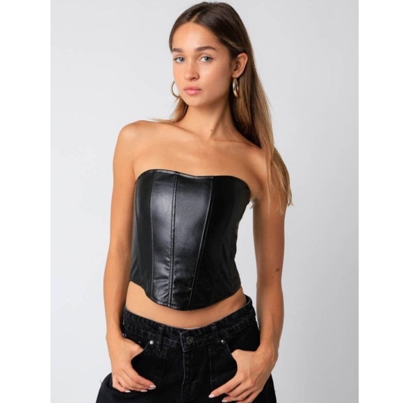 Black Strapless Vegan/ Faux Leather Corset Top (size small) - Picture 1 of 4